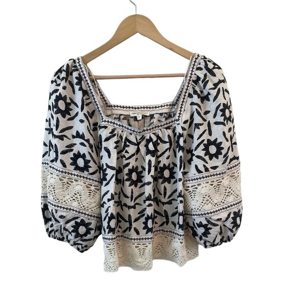 Christian Siriano Tops - Christian Siriano White Blouse with Black Floral Embroidery and Crochet Trim